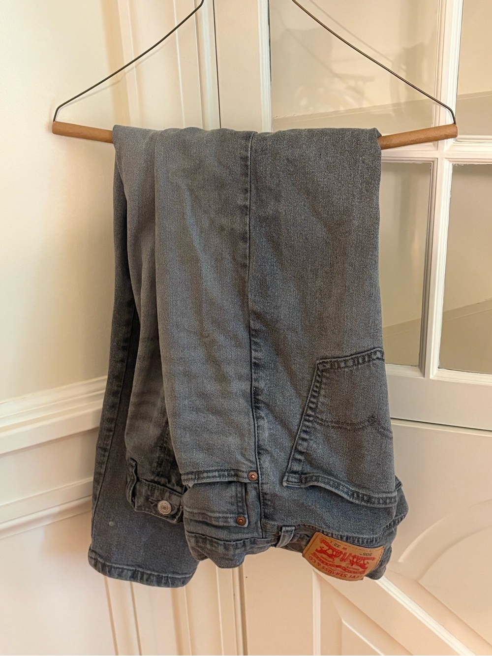 Levi's 505 Gray Denim Jeans with Tan Patch and Red Logo